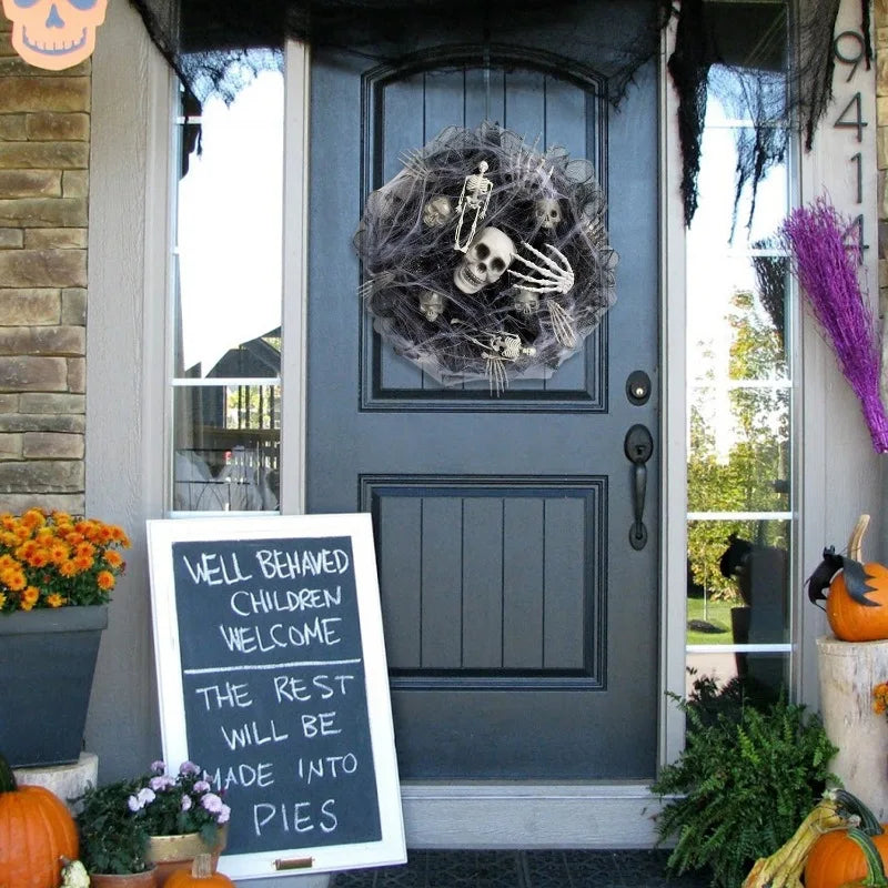AZAVEX™ - Spider Web Skeleton Halloween Wreath – 17.7" Skull Door Decor
