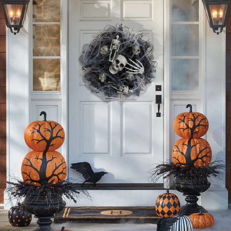 AZAVEX™ - Spider Web Skeleton Halloween Wreath – 17.7" Skull Door Decor