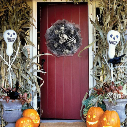 AZAVEX™ - Spider Web Skeleton Halloween Wreath – 17.7" Skull Door Decor