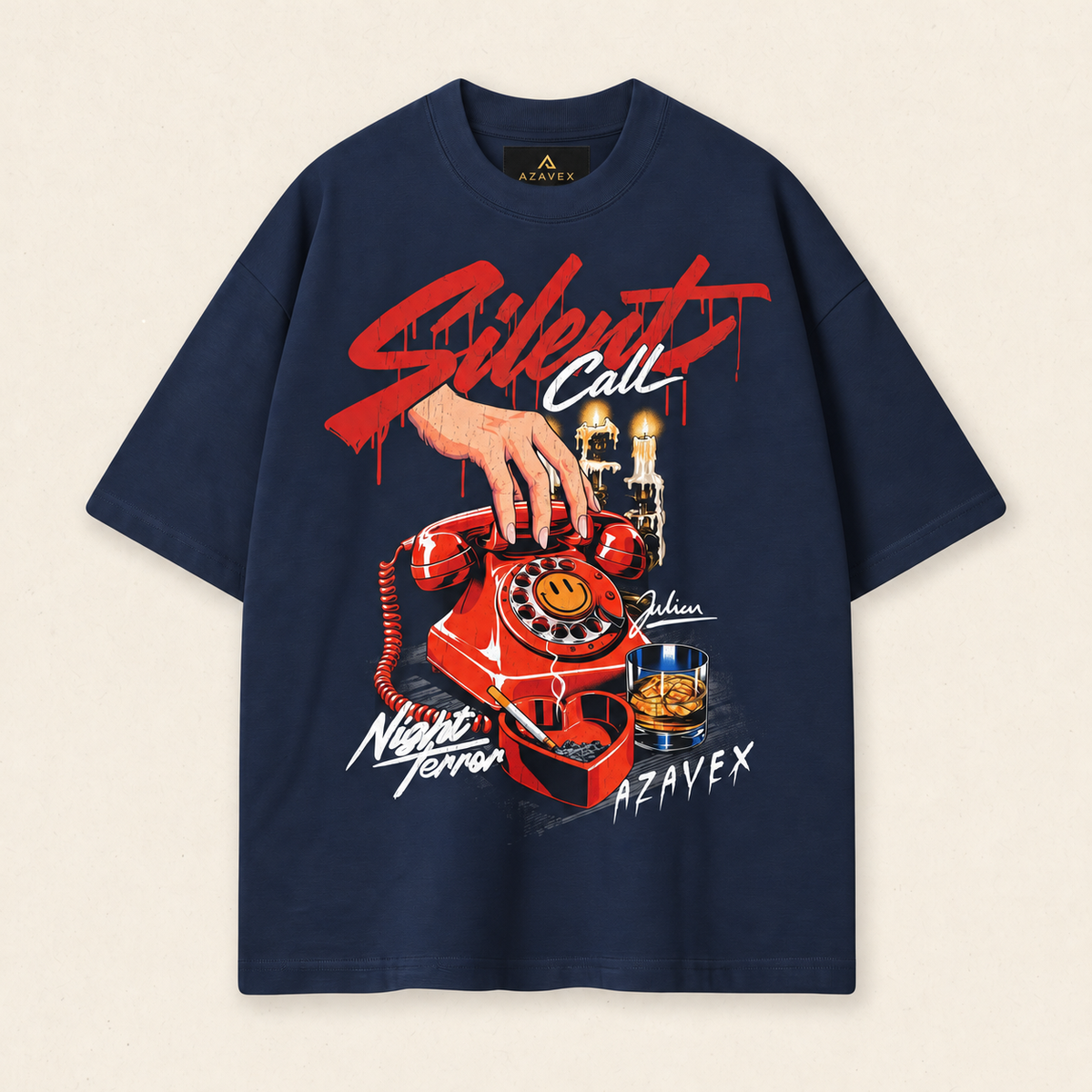 Silent Call Retro Phone Tee — navy — front view