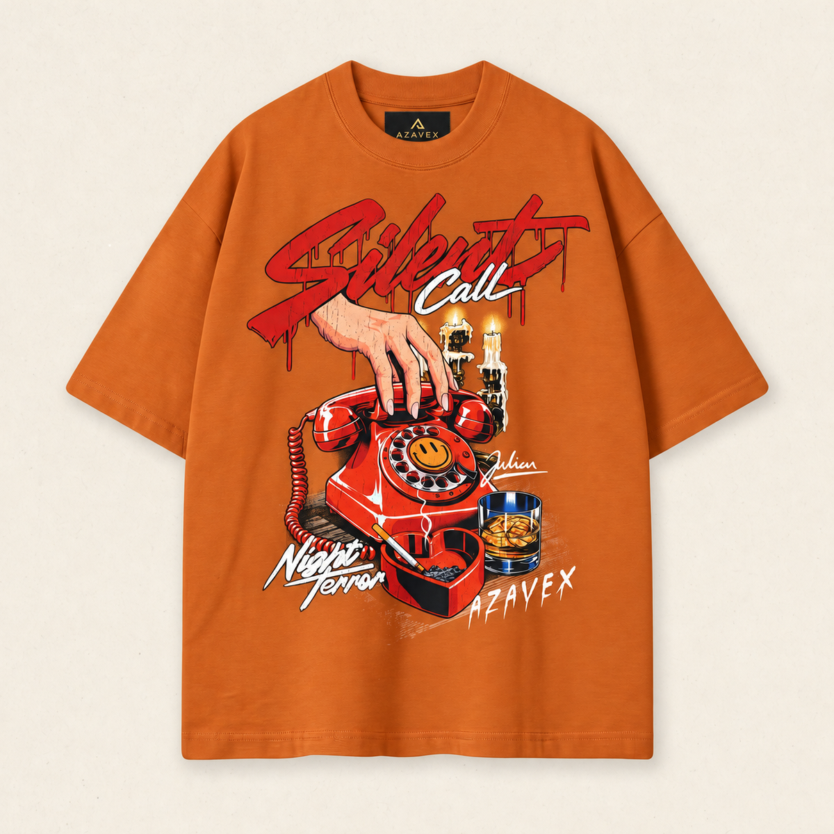 Silent Call Retro Phone Tee — orange — front view