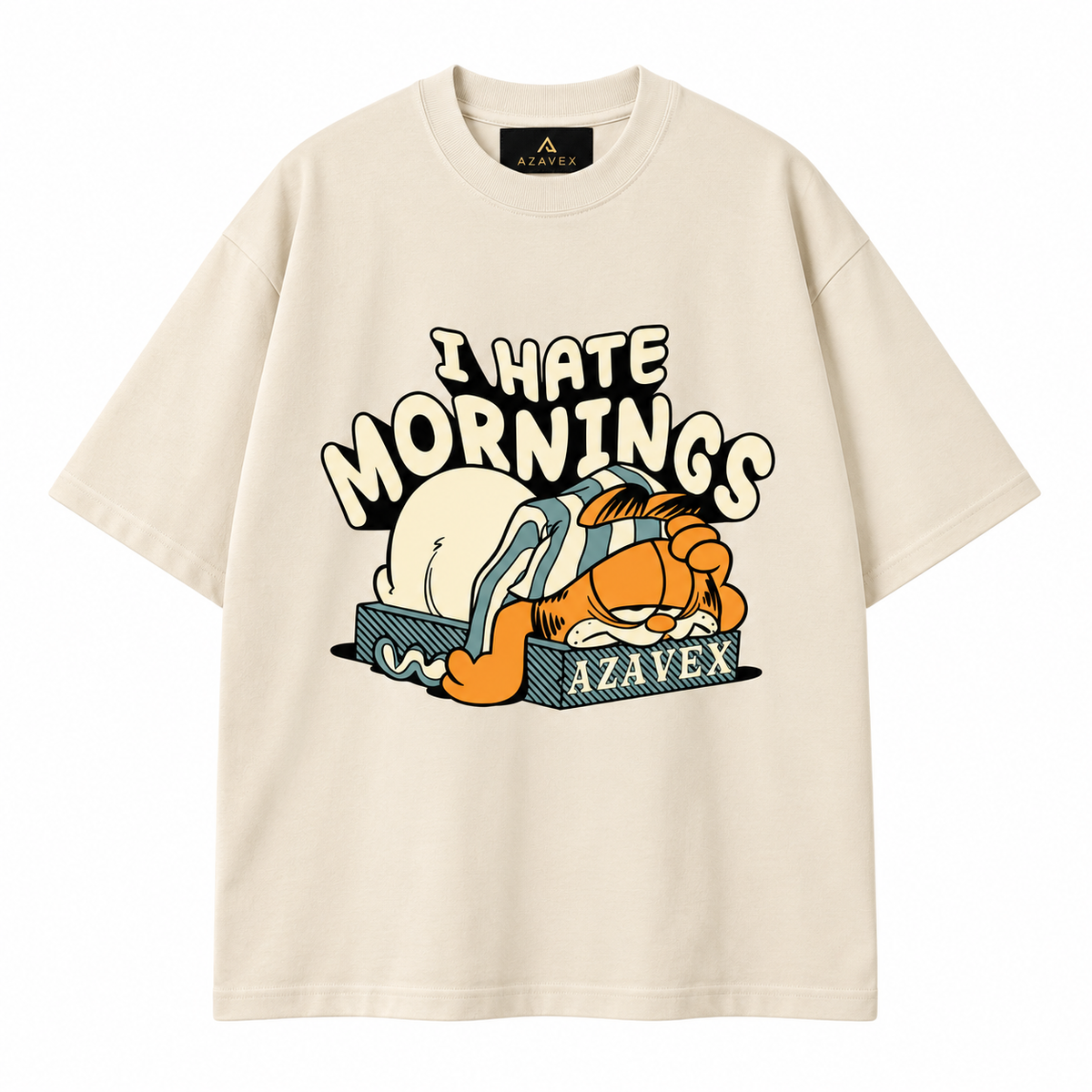 Hate Mornings Sleepy Cat Tee — beige — front view