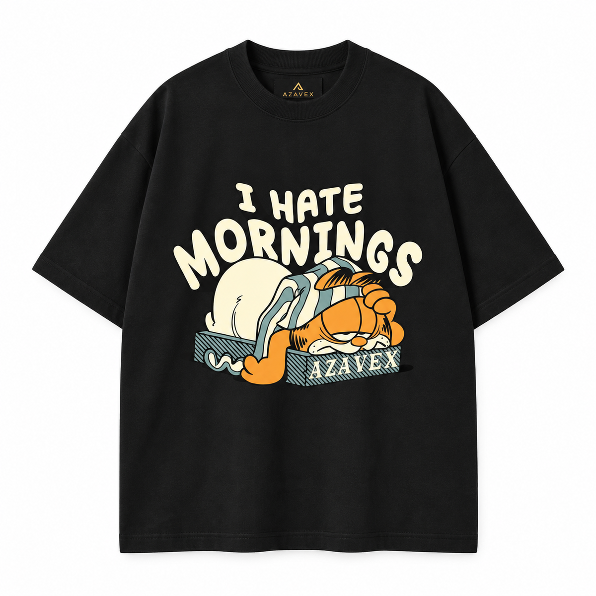 Hate Mornings Sleepy Cat Tee — black — front view