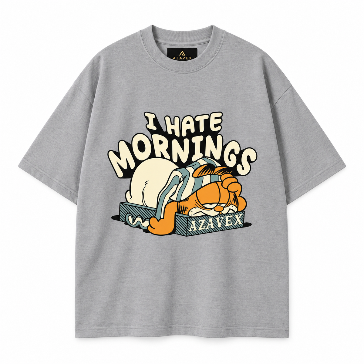 Hate Mornings Sleepy Cat Tee — gray — front view