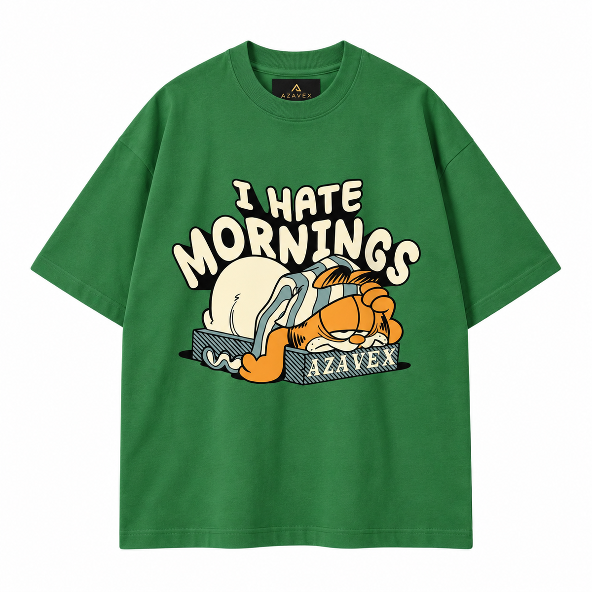 Hate Mornings Sleepy Cat Tee — green — front view