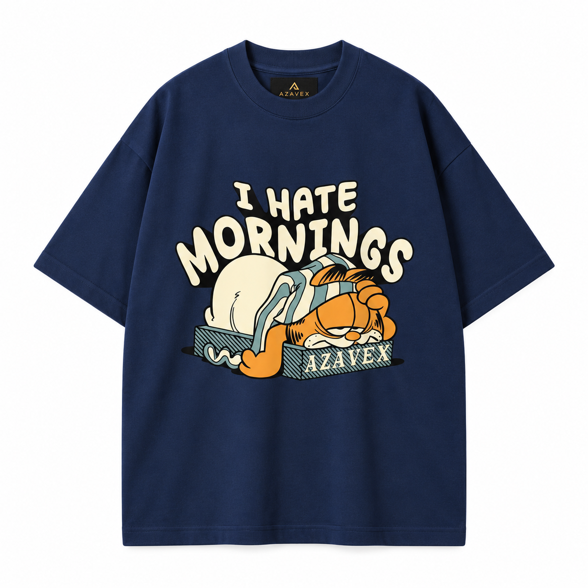Hate Mornings Sleepy Cat Tee — navy — front view