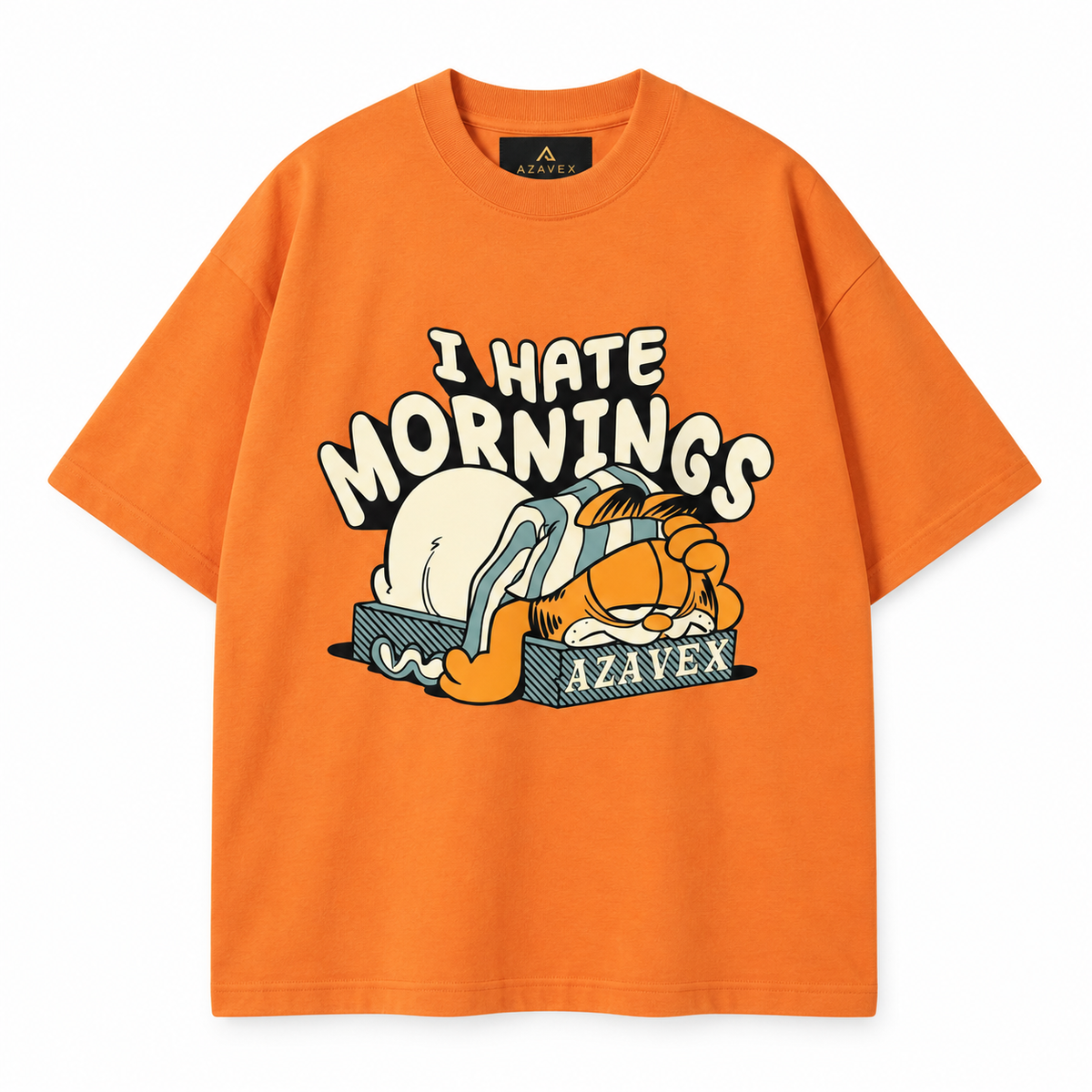 Hate Mornings Sleepy Cat Tee — orange — front view