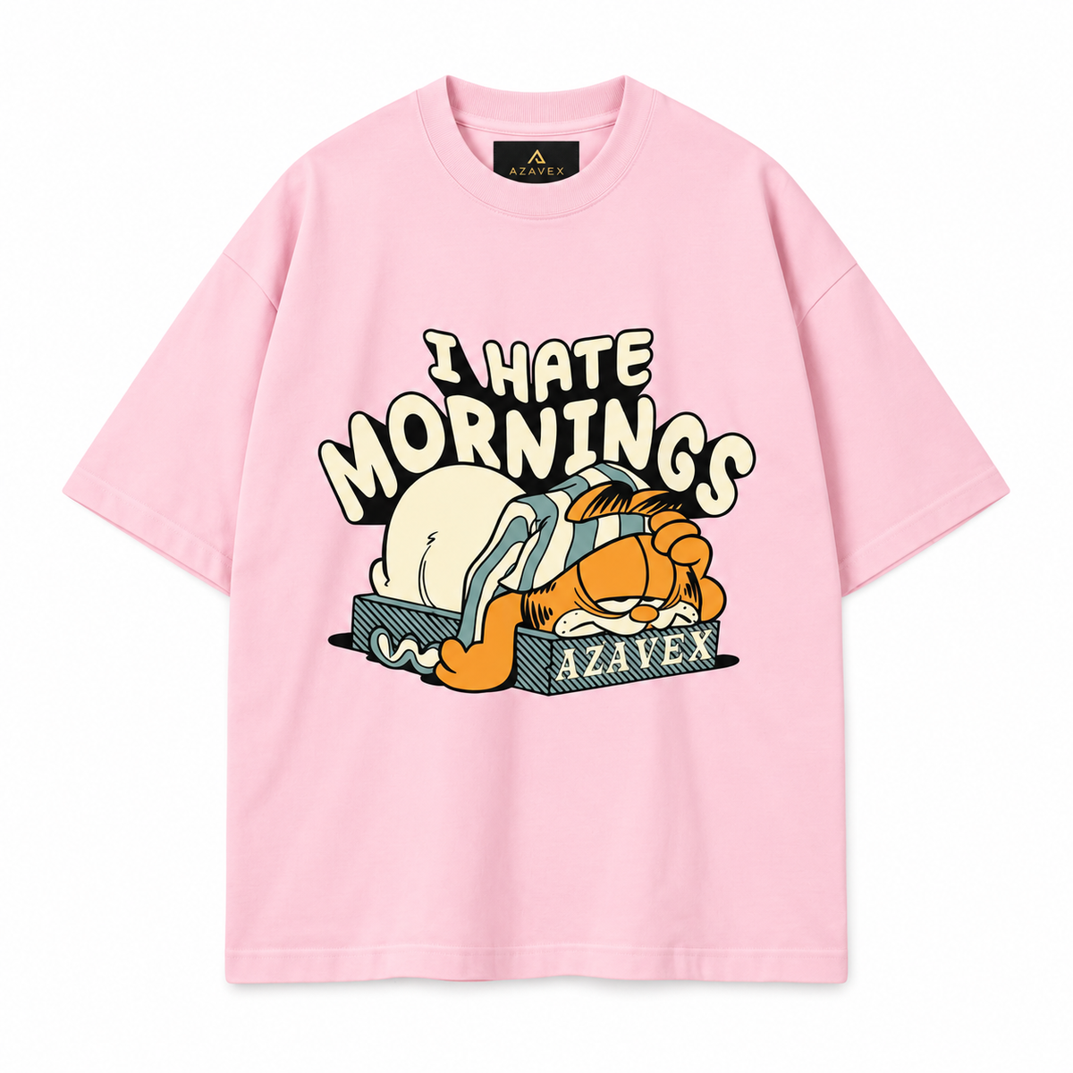 Hate Mornings Sleepy Cat Tee — pink — front view