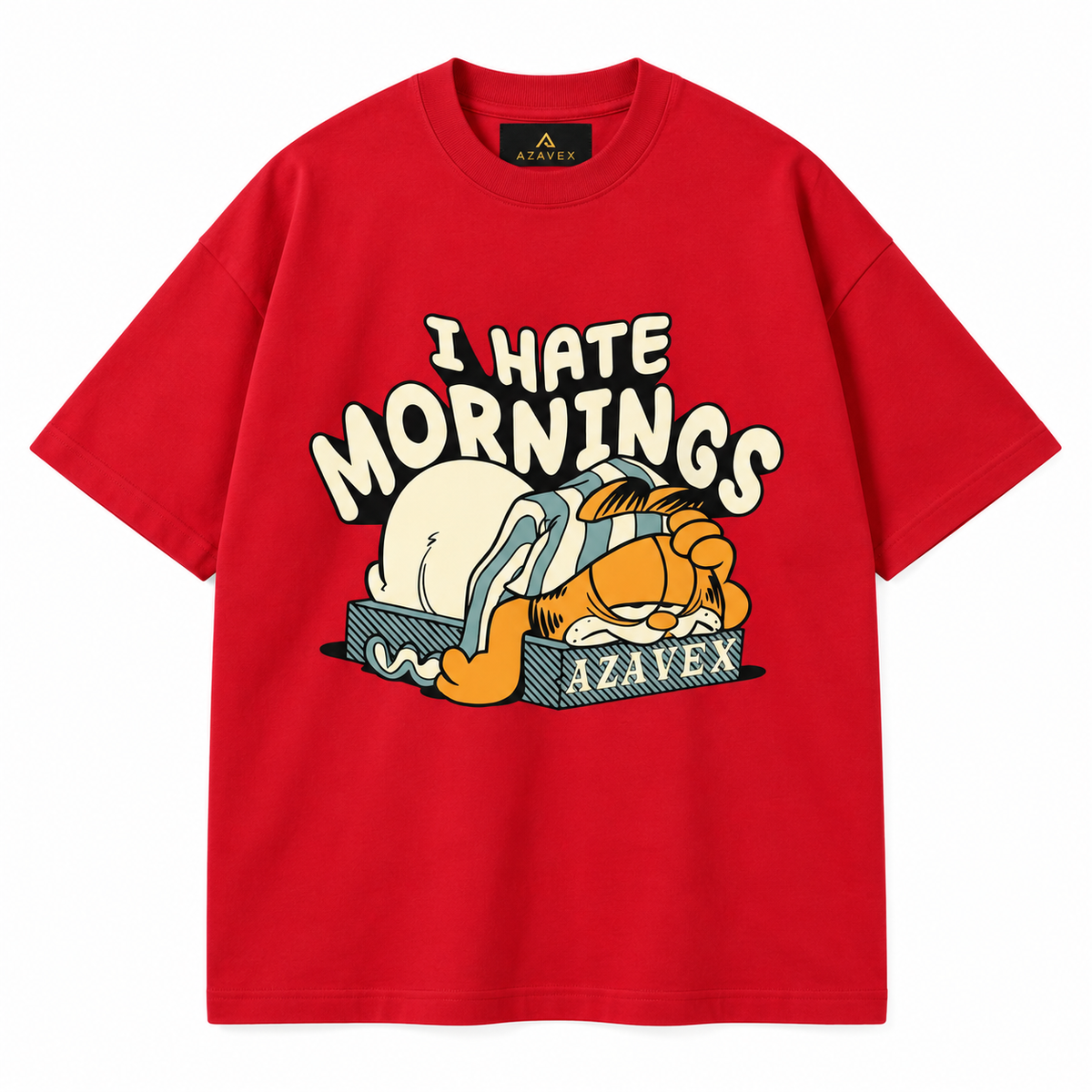 Hate Mornings Sleepy Cat Tee — red — front view