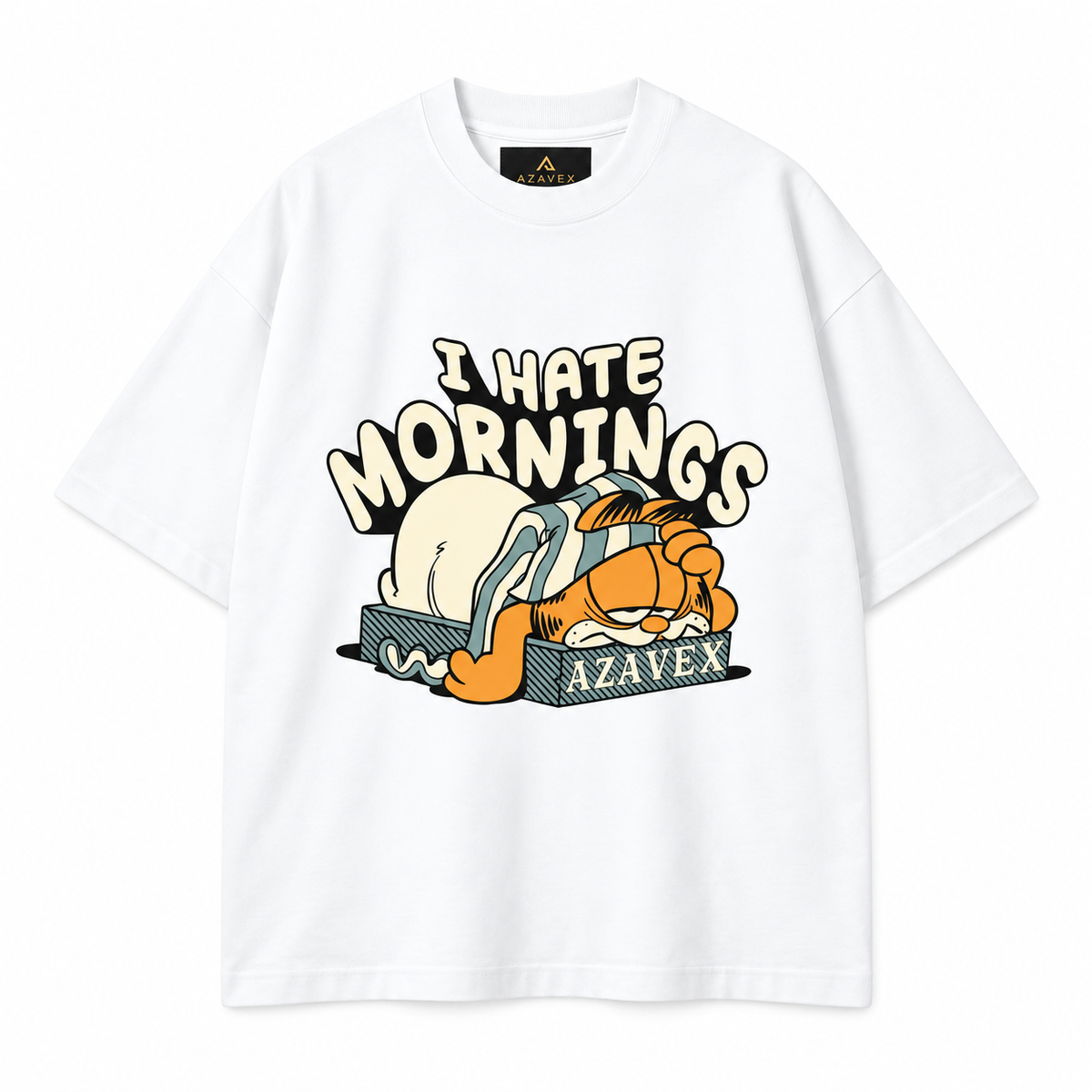 Hate Mornings Sleepy Cat Tee — white — front view