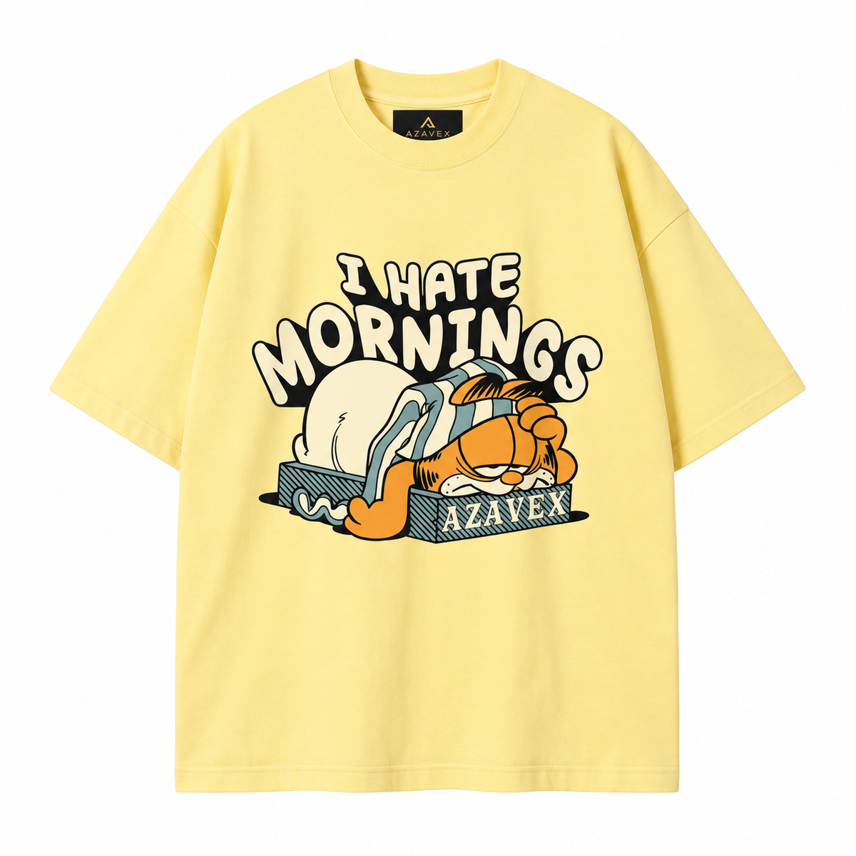 Hate Mornings Sleepy Cat Tee — yellow — front view