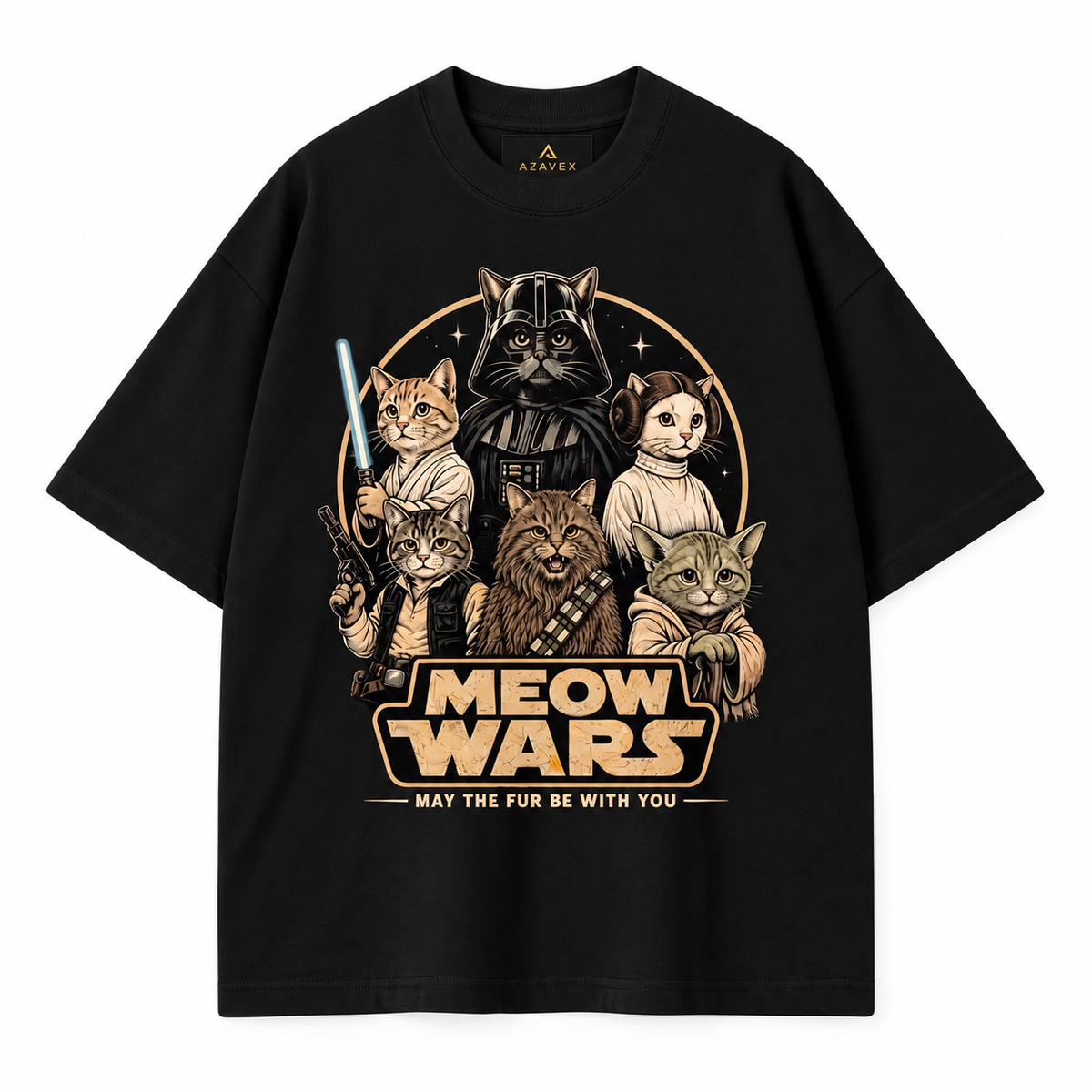 Meow Wars Galaxy Cats Tee — black — front view