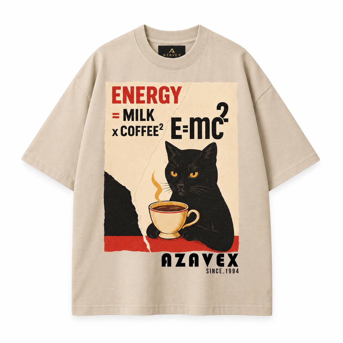 Coffee Energy Cat Tee — beige — front view