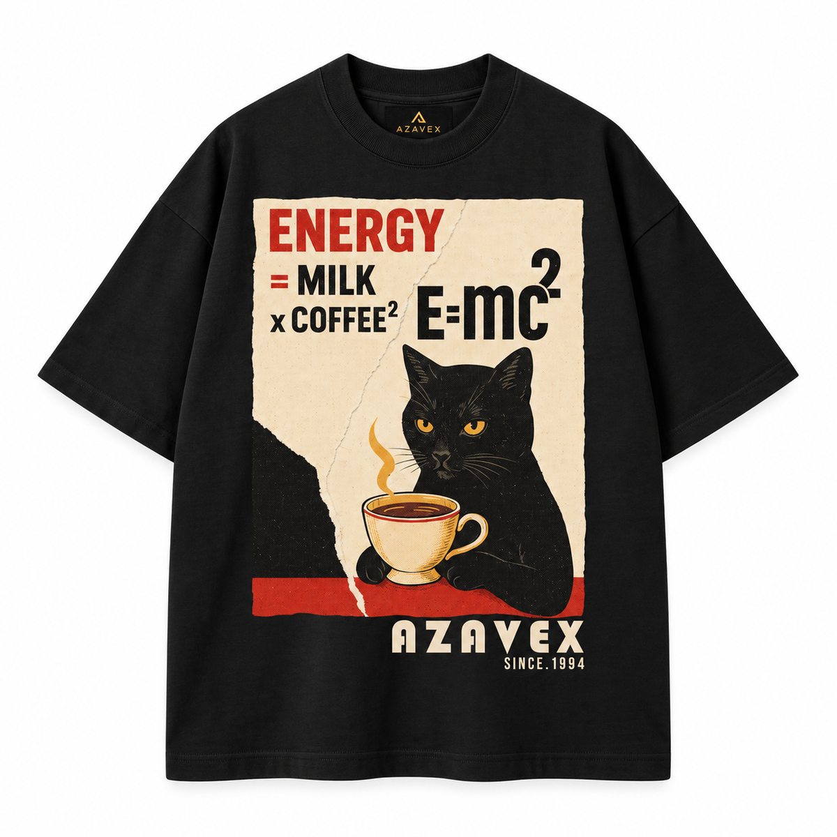 Coffee Energy Cat Tee — black — front view