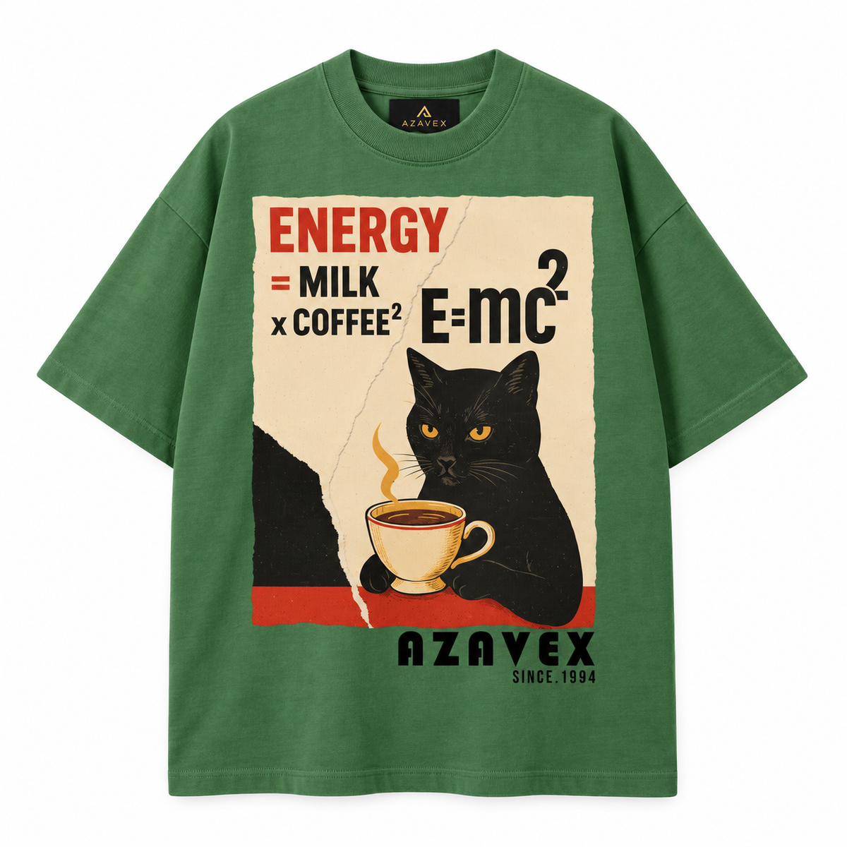 Coffee Energy Cat Tee — green — front view
