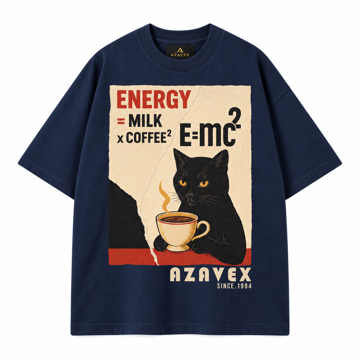 Coffee Energy Cat Tee — navy — front view