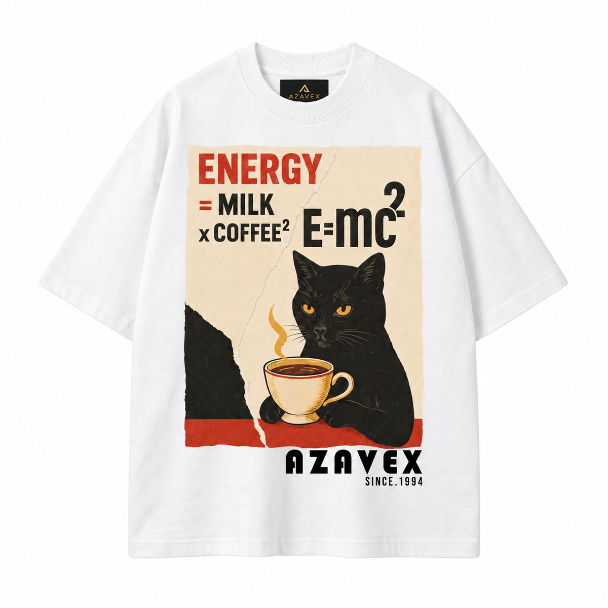 Coffee Energy Cat Tee — white — front view