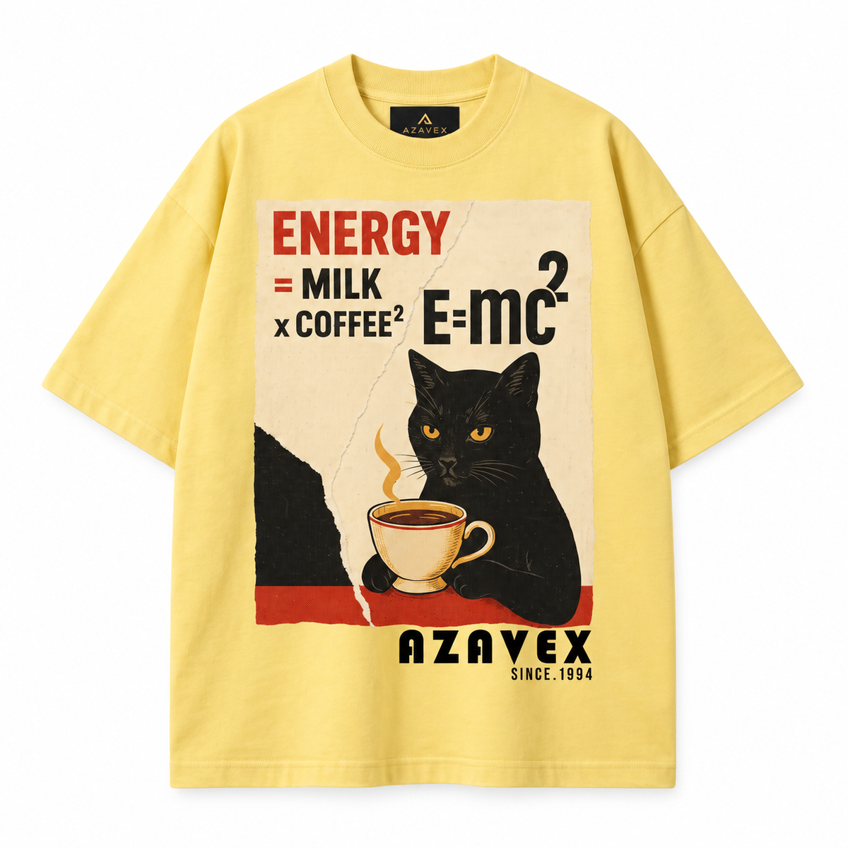 Coffee Energy Cat Tee — yellow — front view