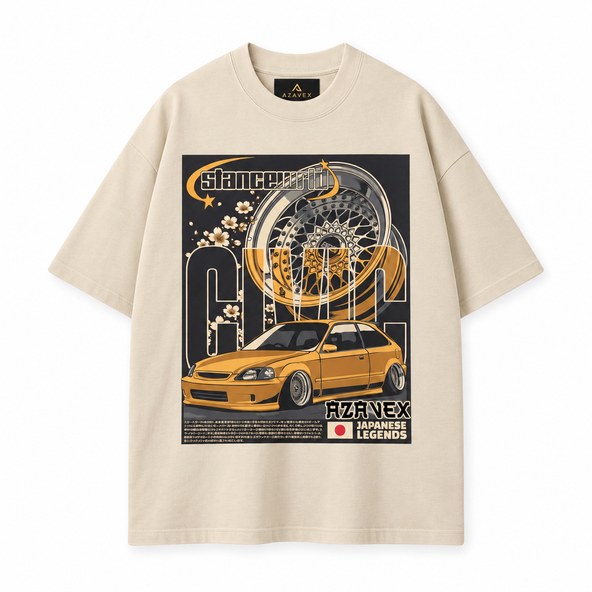 Golden Stance Japan Motors Tee — beige — front view