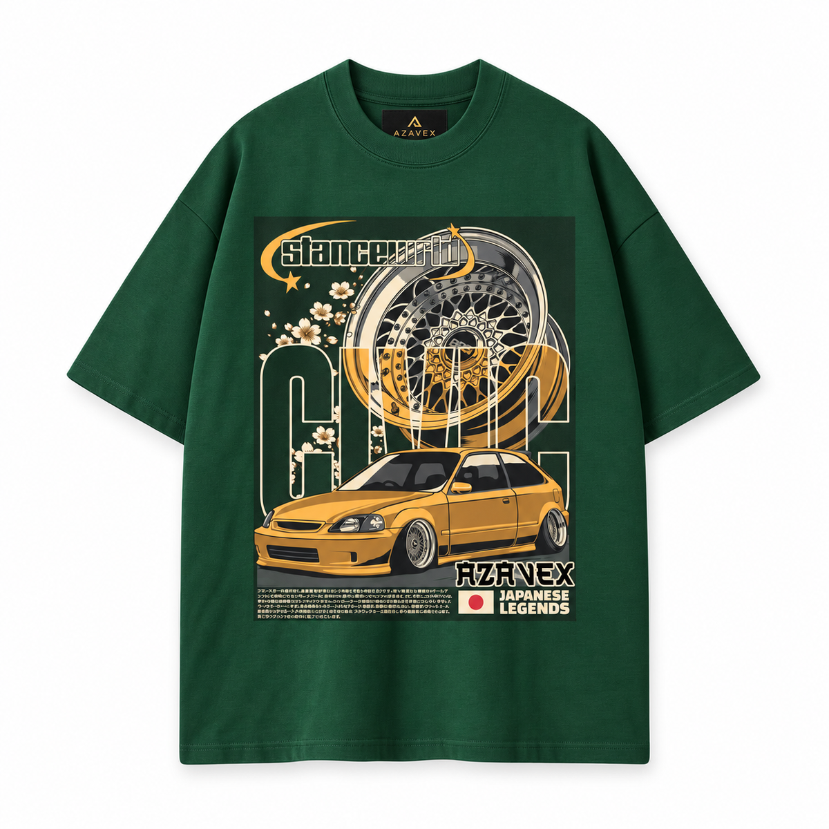 Golden Stance Japan Motors Tee — green — front view