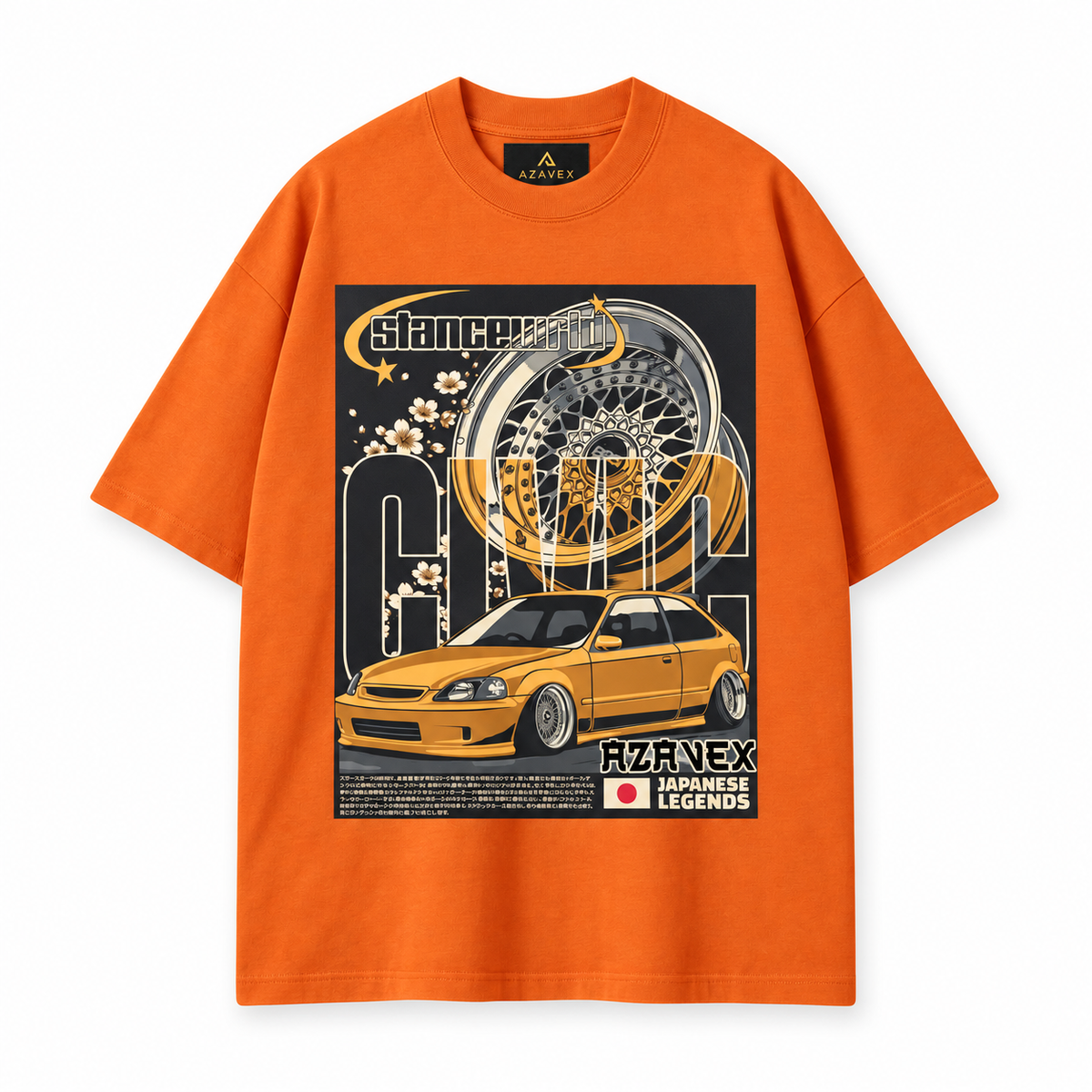 Golden Stance Japan Motors Tee — orange — front view