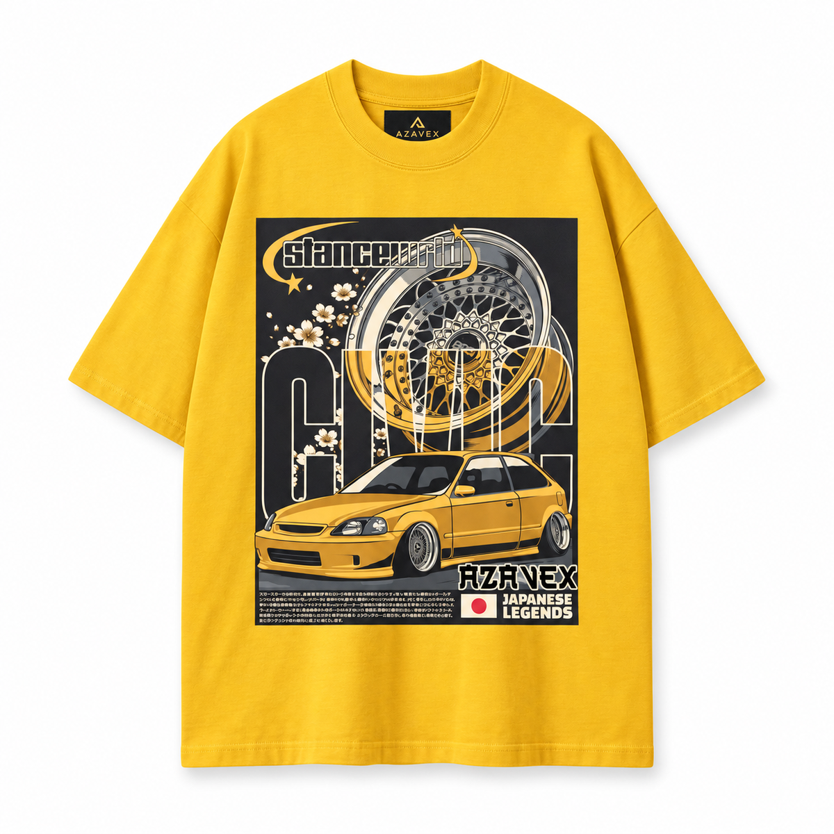 Golden Stance Japan Motors Tee — yellow — front view