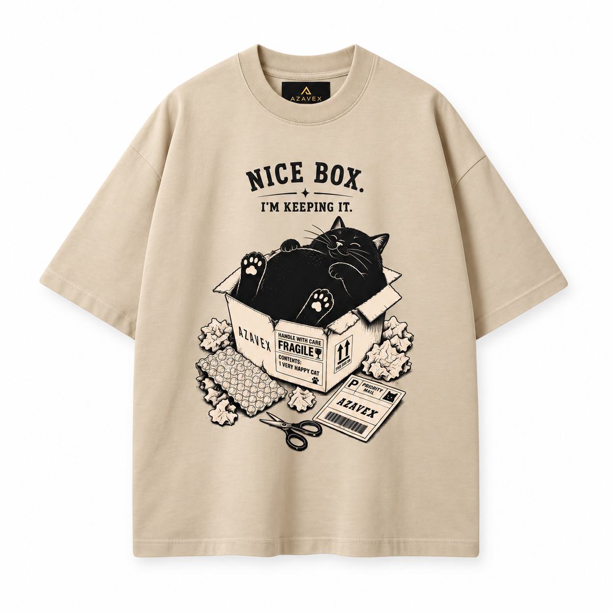 Nice Box Cat Tee — beige — front view