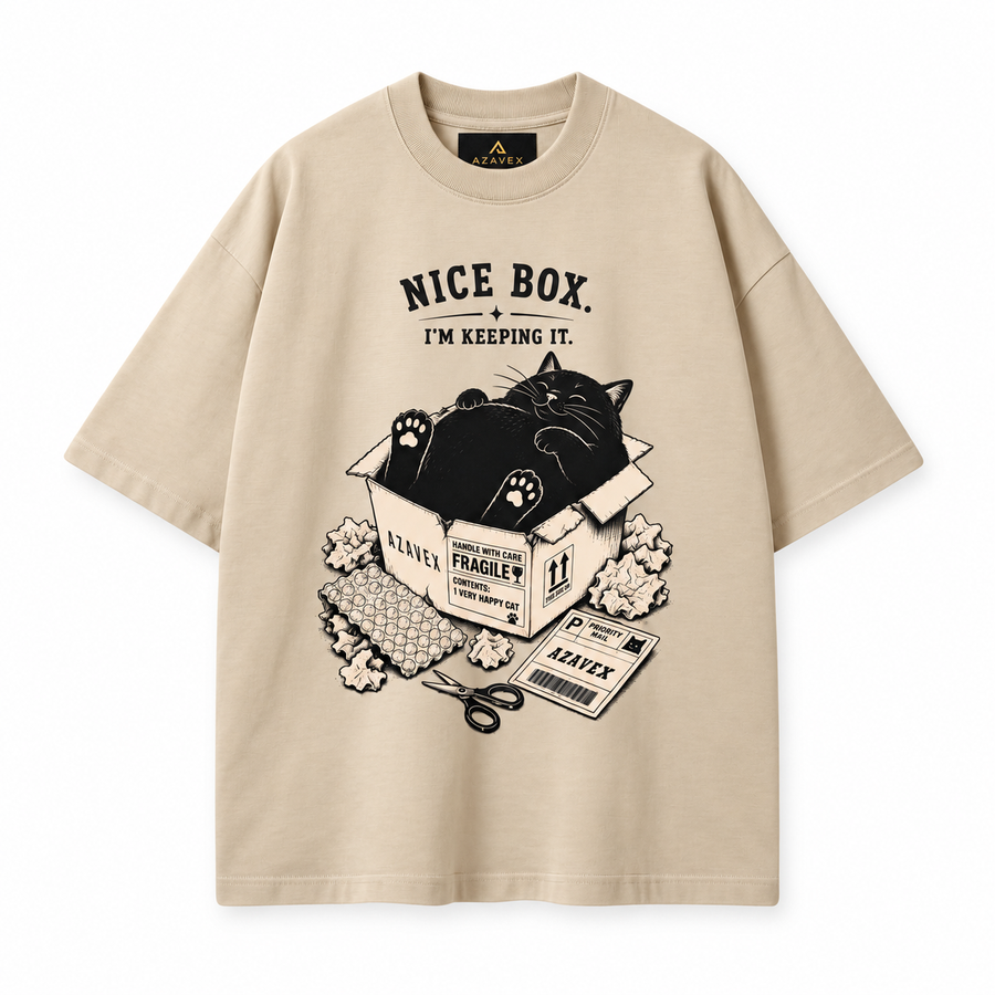 Nice Box Cat Tee — beige — front view