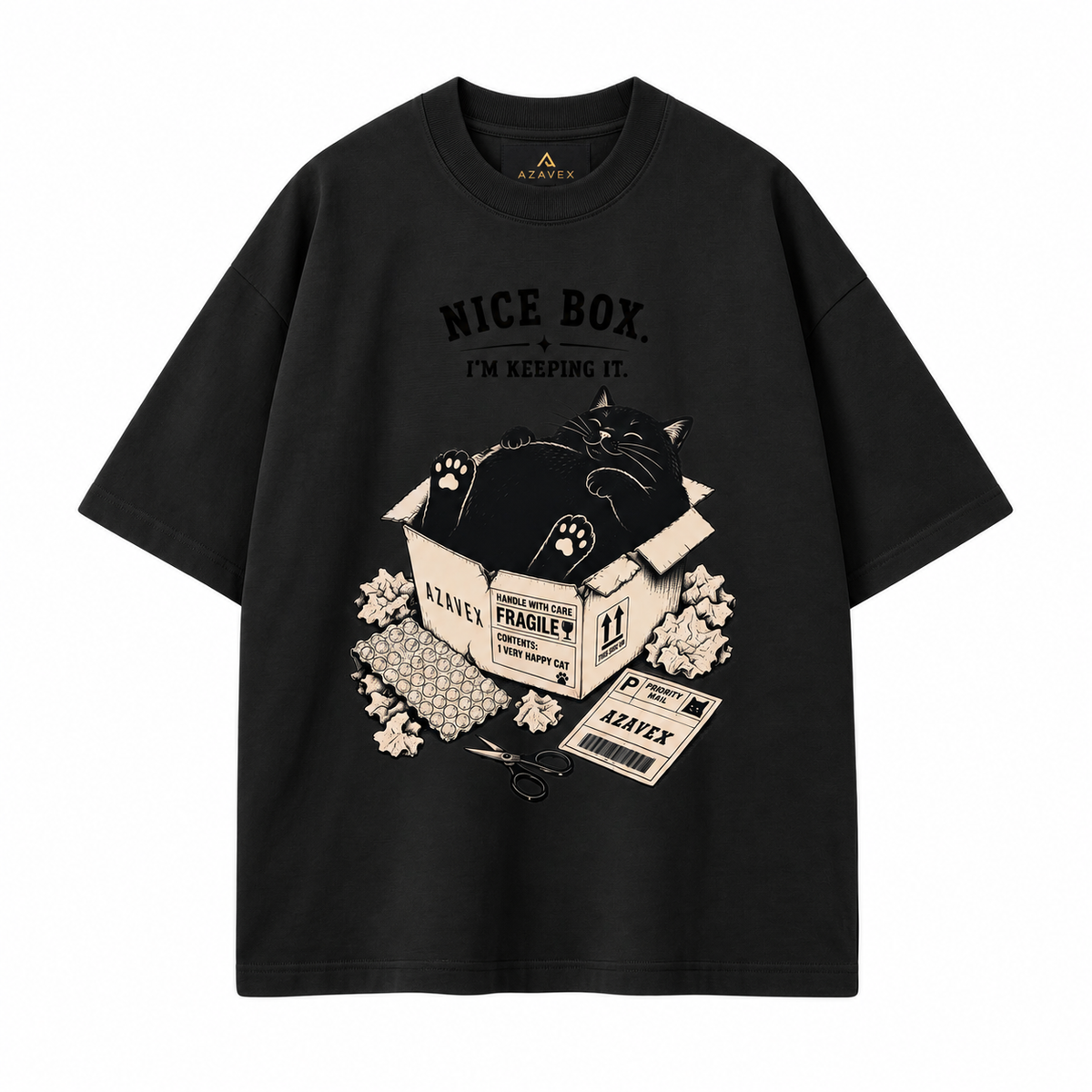 Nice Box Cat Tee — black — front view