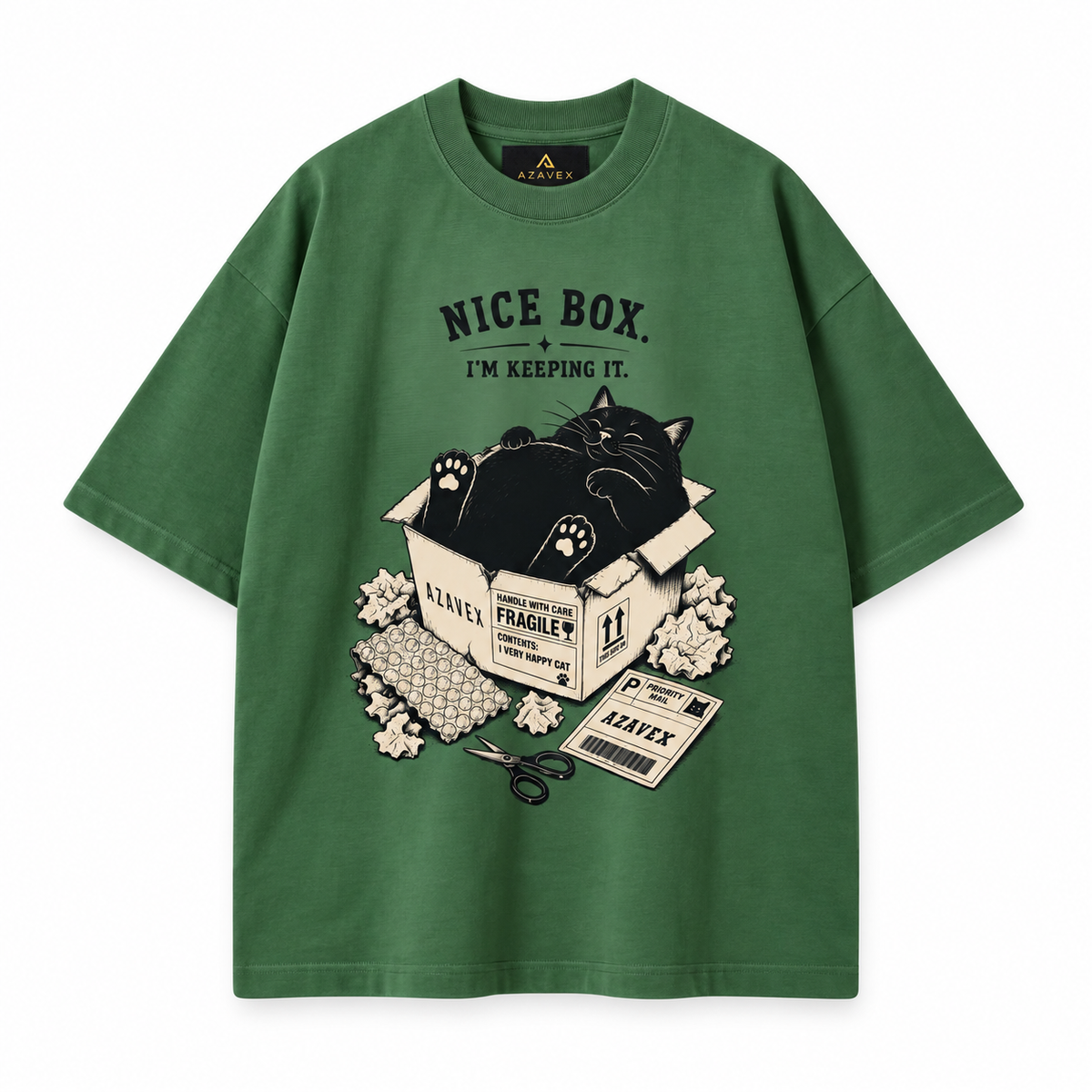 Nice Box Cat Tee — green — front view