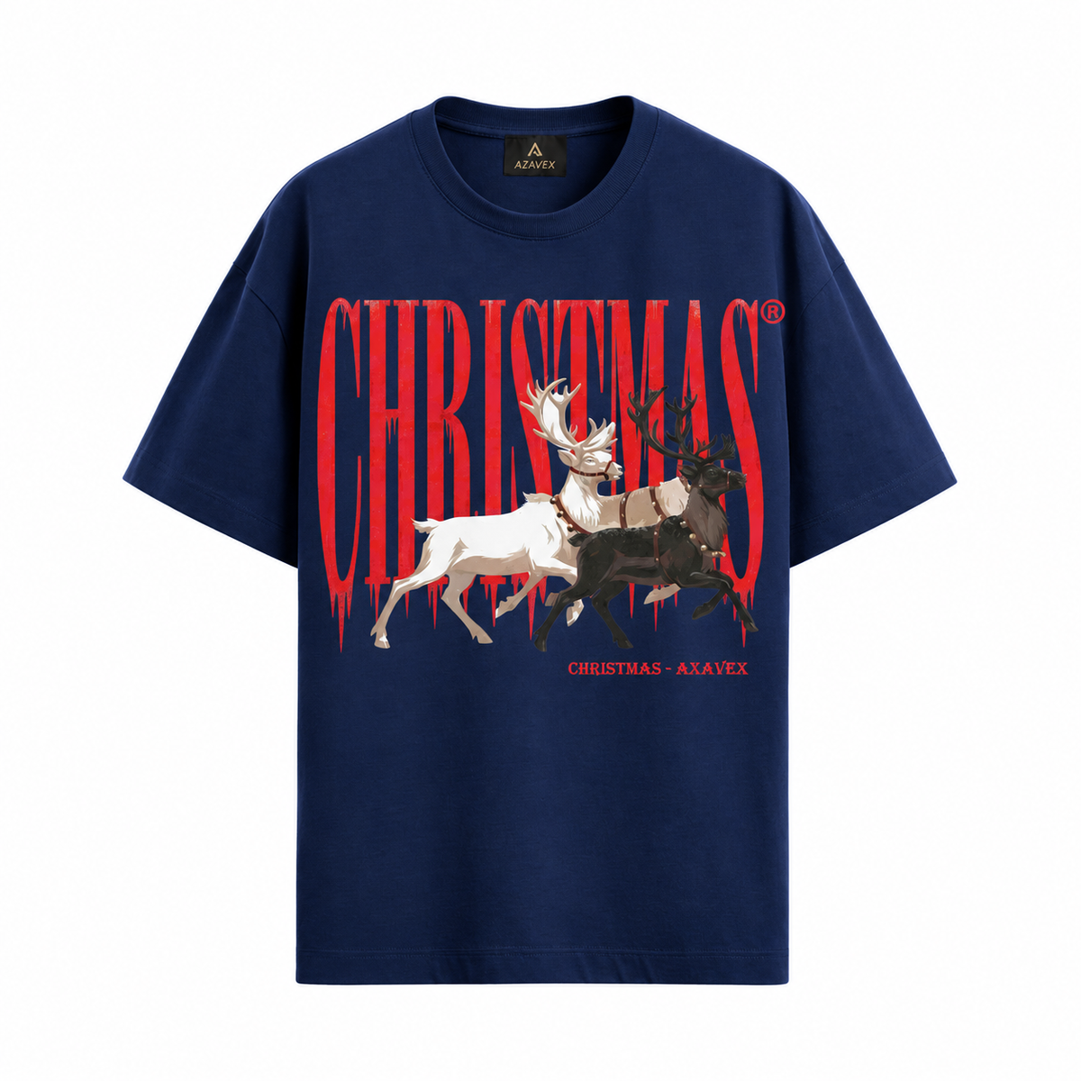 Christmas Reindeer Heritage Tee — navy — front view
