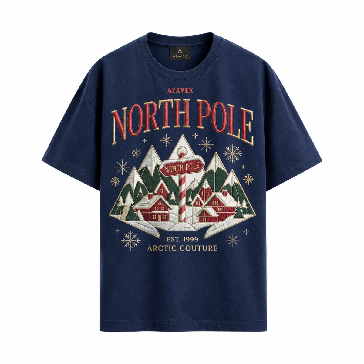North Pole Alpine Village Tee — navy — front view