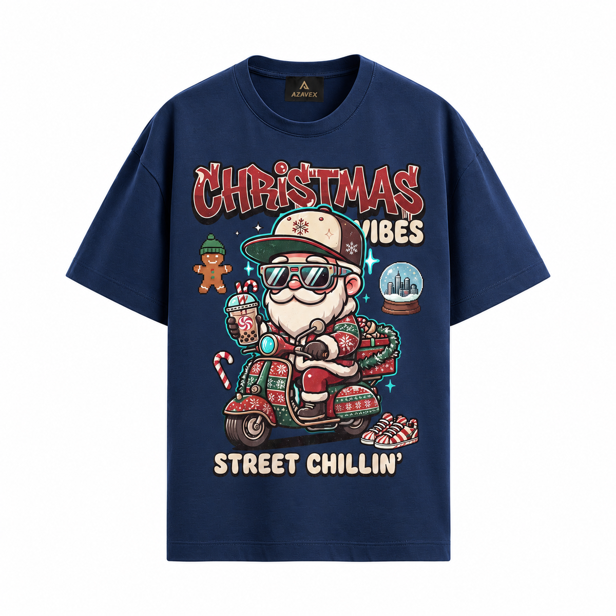Christmas Vibes Scooter Tee — navy — front view