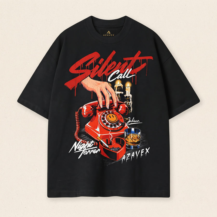 Silent Call Retro Phone Tee — black — front view